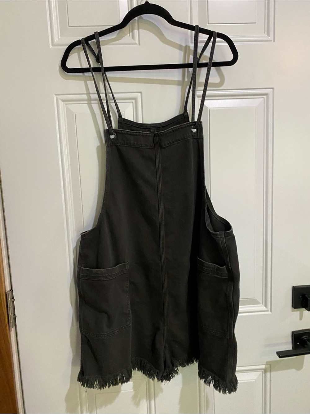 aerie Black Frayed-Hem Denim Short Overalls